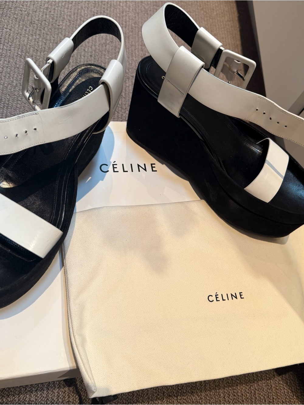 Celine White Leather Platform Sandals with Black Sole